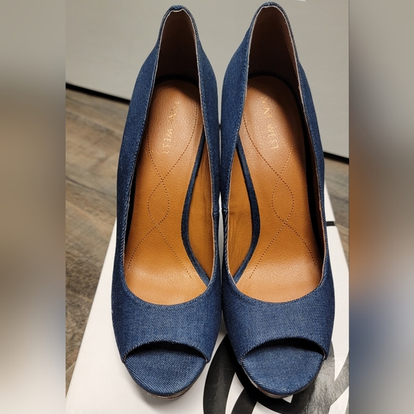 Nine West Denim & Cowhide Peep Toe Heels - Picture 2 of 8